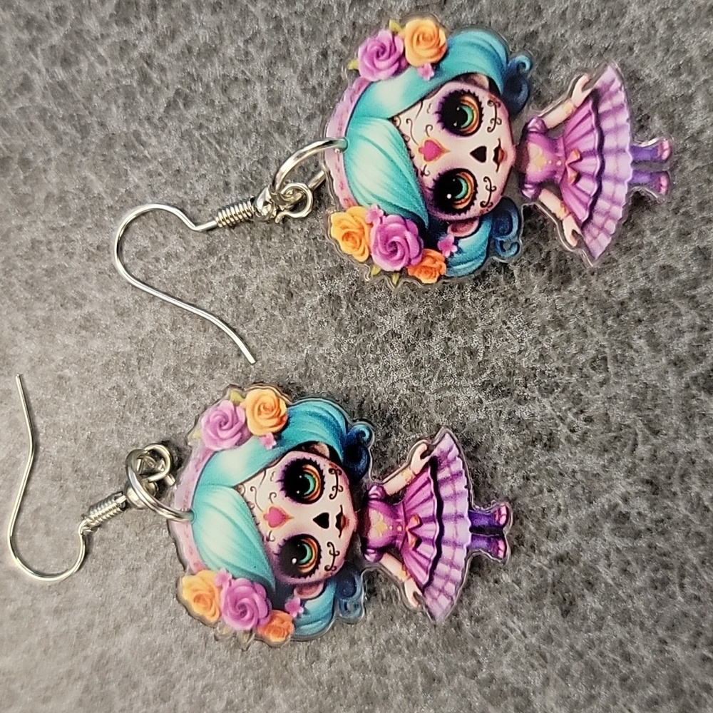 Colorful Sugar Skull Doll Earrings